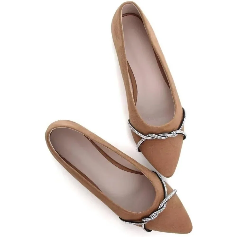Women's Khaki Casual Flats Fashion Chain Pointed Toe Ballet Flat Rhinestone